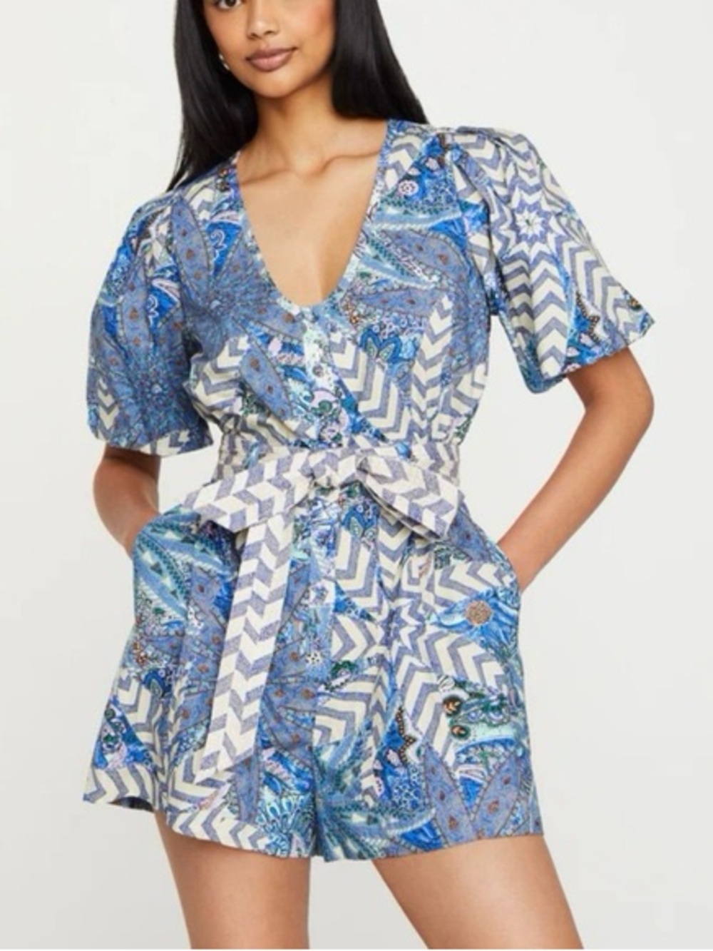 Marie Oliver Blue & White Printed Short Jumpsuit